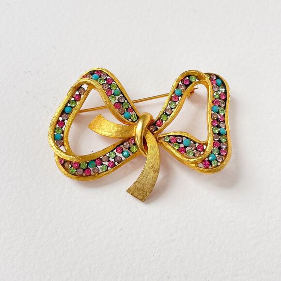 VtG 60s Signed KRAMER Bow Brooch MultiColor Glass Rhinestone Mid Century 2.25” - Picture 7 of 8